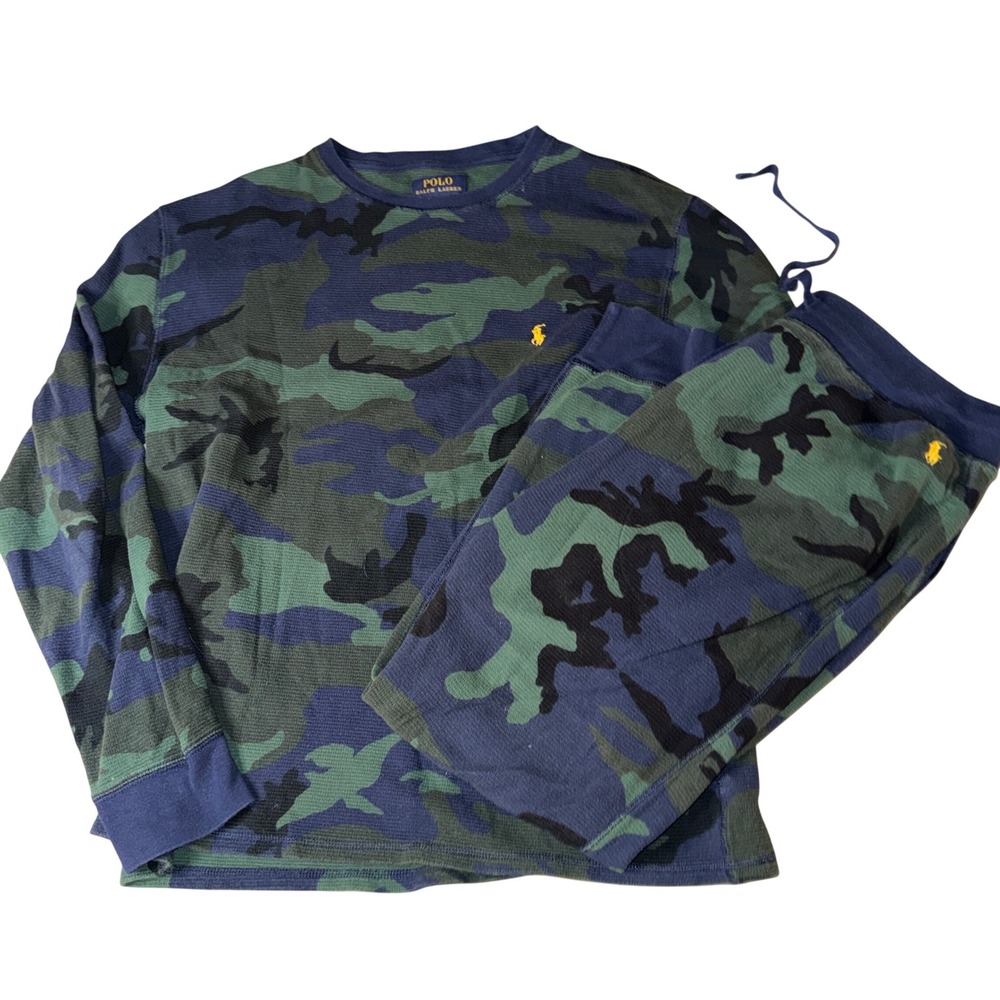 Polo Ralph Lauren Sleepwear Set XL Camo Blue Green Thermal Waffle Knit 2pc
